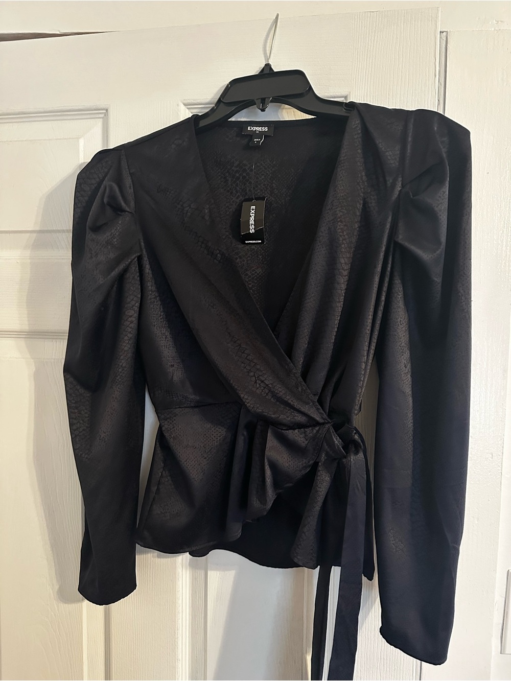 Express Navy Satin Wrap Blouse with Puff Shoulders